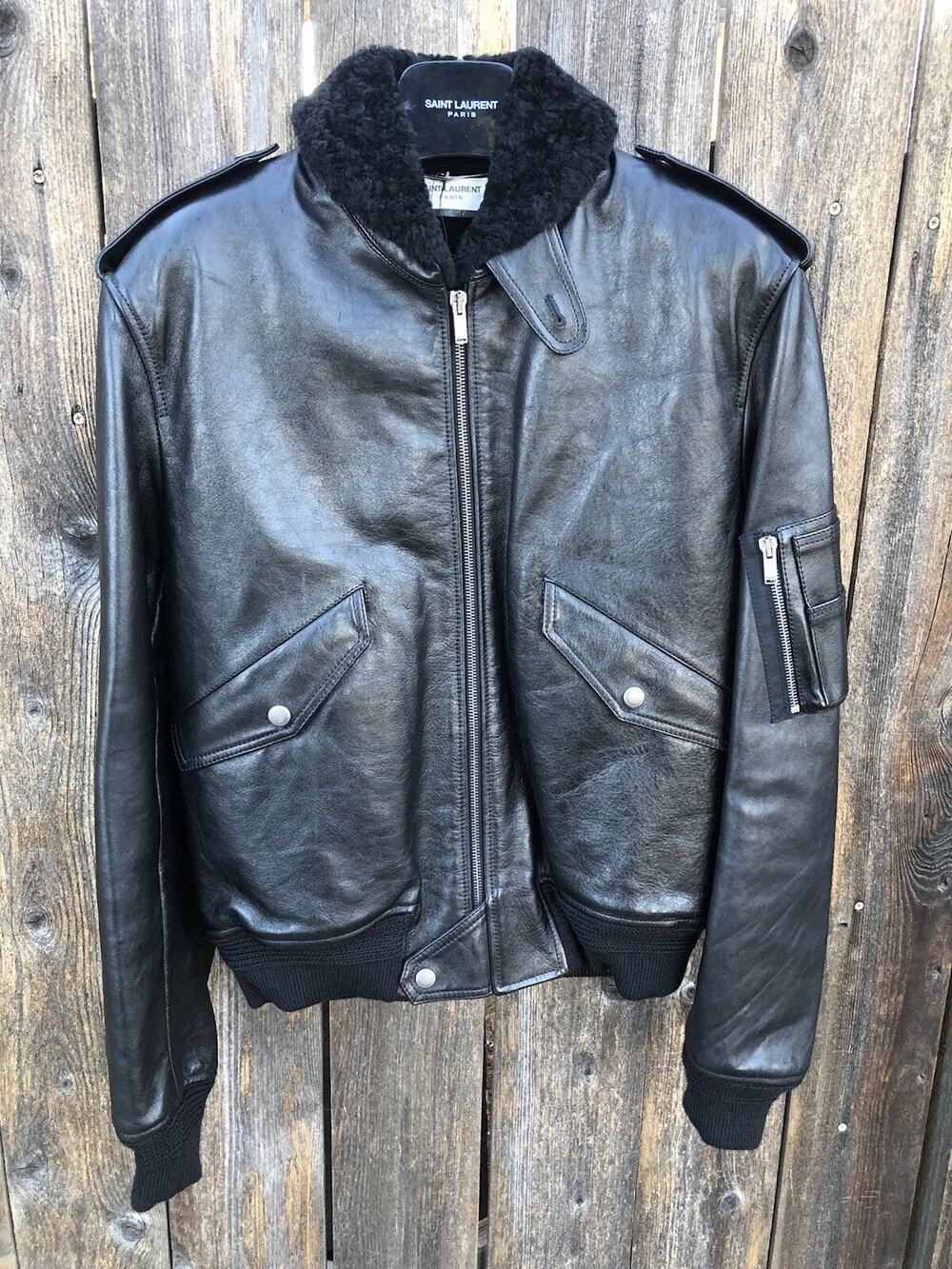 Saint Laurent 2019 Shearling Leather Bomber Jacket Black Sz S 48 US 38